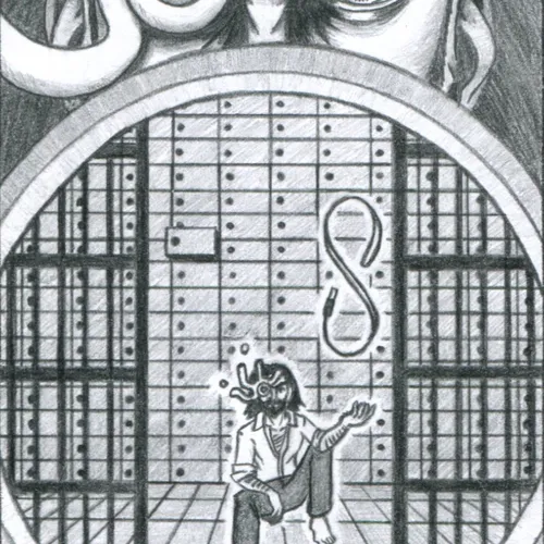 A bearded man sits on the floor of an open bank vault. A USB stick and lanyard levitate in a figure eight above his open palm. Over his right eye, he wears a strange metallic eyepatch that has four long prongs. At the top of the image, a close-up of his intense gaze stares directly at the viewer.