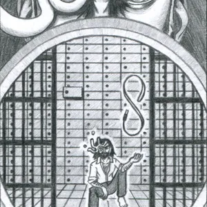 A bearded man sits on the floor of an open bank vault. A USB stick and lanyard levitate in a figure eight above his open palm. Over his right eye, he wears a strange metallic eyepatch that has four long prongs. At the top of the image, a close-up of his intense gaze stares directly at the viewer.
