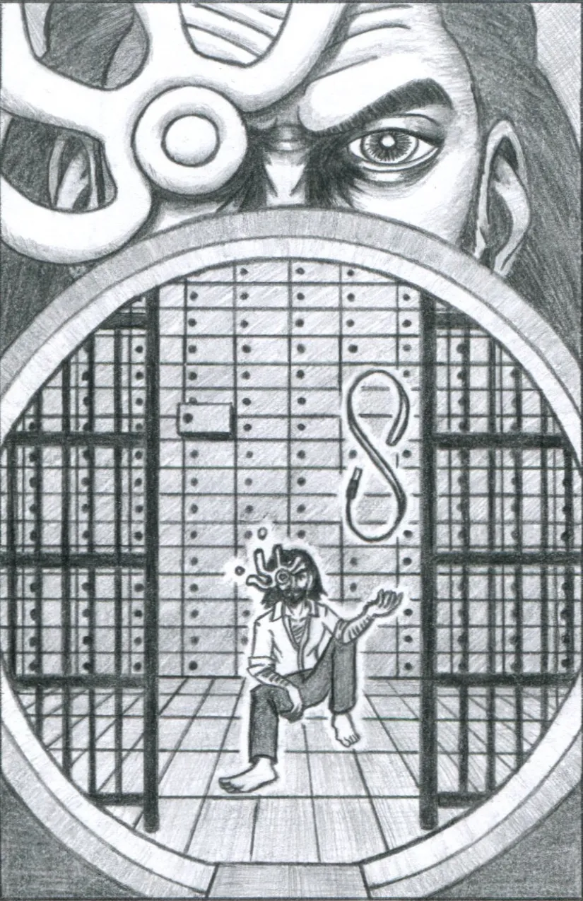 A bearded man sits on the floor of an open bank vault. A USB stick and lanyard levitate in a figure eight above his open palm. Over his right eye, he wears a strange metallic eyepatch that has four long prongs. At the top of the image, a close-up of his intense gaze stares directly at the viewer.