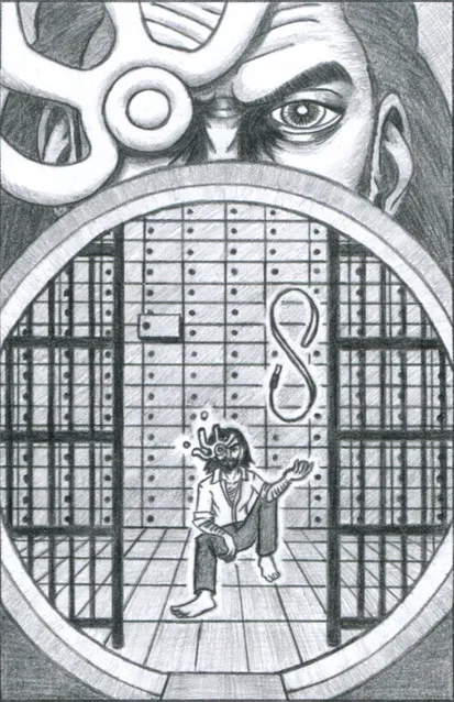A bearded man sits on the floor of an open bank vault. A USB stick and lanyard levitate in a figure eight above his open palm. Over his right eye, he wears a strange metallic eyepatch that has four long prongs. At the top of the image, a close-up of his intense gaze stares directly at the viewer.
