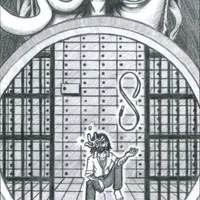 A bearded man sits on the floor of an open bank vault. A USB stick and lanyard levitate in a figure eight above his open palm. Over his right eye, he wears a strange metallic eyepatch that has four long prongs. At the top of the image, a close-up of his intense gaze stares directly at the viewer.