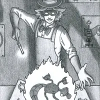 A man in a top hat, bow tie, safety goggles, apron, and long gloves points a wand-like chalk holder at the blueprint of a mechanical gecko. From the blueprint, that gecko emerges in a bright glowing orb of light. On the wall behind him, there are other blueprints.