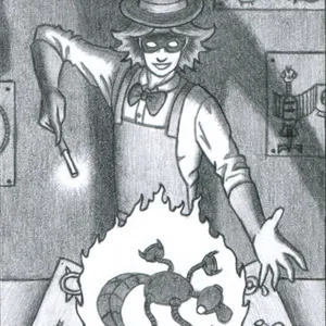 A man in a top hat, bow tie, safety goggles, apron, and long gloves points a wand-like chalk holder at the blueprint of a mechanical gecko. From the blueprint, that gecko emerges in a bright glowing orb of light. On the wall behind him, there are other blueprints.