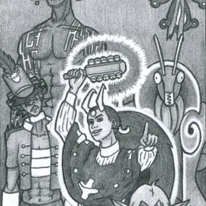 A woman with long, messy, dark hair and long horns points at the viewer with one hand and jingles a bell stick with her other. Around her, various demons turn their attention to the viewer, ready to strike. A cat-like masculine demon in dapper suit and big bowtie seems about to pounce. A grasshopper-like demon stands at the ready behind the woman, posed like a butler. A feminine demon in a drum major uniform whose bangs cover her eyes scoffs in disgust. A giant masculine demon with rectangular shapes for horns and similar angular paths tattooed across his body stares into the distance. A moth-like demon floats up above.