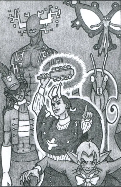 A woman with long, messy, dark hair and long horns points at the viewer with one hand and jingles a bell stick with her other. Around her, various demons turn their attention to the viewer, ready to strike. A cat-like masculine demon in dapper suit and big bowtie seems about to pounce. A grasshopper-like demon stands at the ready behind the woman, posed like a butler. A feminine demon in a drum major uniform whose bangs cover her eyes scoffs in disgust. A giant masculine demon with rectangular shapes for horns and similar angular paths tattooed across his body stares into the distance. A moth-like demon floats up above.
