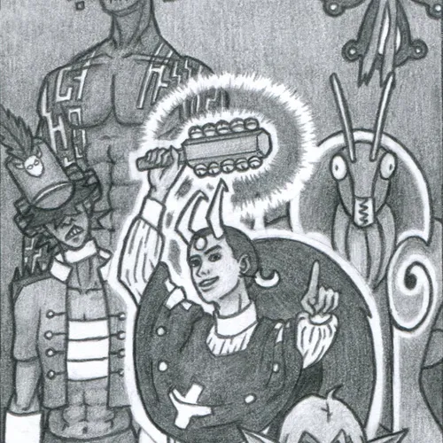A woman with long, messy, dark hair and long horns points at the viewer with one hand and jingles a bell stick with her other. Around her, various demons turn their attention to the viewer, ready to strike. A cat-like masculine demon in dapper suit and big bowtie seems about to pounce. A grasshopper-like demon stands at the ready behind the woman, posed like a butler. A feminine demon in a drum major uniform whose bangs cover her eyes scoffs in disgust. A giant masculine demon with rectangular shapes for horns and similar angular paths tattooed across his body stares into the distance. A moth-like demon floats up above.