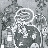 A woman with long, messy, dark hair and long horns points at the viewer with one hand and jingles a bell stick with her other. Around her, various demons turn their attention to the viewer, ready to strike. A cat-like masculine demon in dapper suit and big bowtie seems about to pounce. A grasshopper-like demon stands at the ready behind the woman, posed like a butler. A feminine demon in a drum major uniform whose bangs cover her eyes scoffs in disgust. A giant masculine demon with rectangular shapes for horns and similar angular paths tattooed across his body stares into the distance. A moth-like demon floats up above.