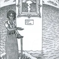 With the help of a walking cane, a woman adorned with jewelry and wearing a full-length black dress stands presenting what looks like a painting, which has an information placard as if in a museum. However, only enough of the wall to hold the frame is actually present. Through the frame, a sun sets on a dramatically curved ocean horizon and heavy clouds drift above. The sky and ocean stretch forward, beyond the bounds of the frame, reaching all the way around the fragment of wall and into the foreground. Water would submerge the woman's shoes if not for a mysterious force repelling the waves away from her. The woman wears black gloves and a slight smile.