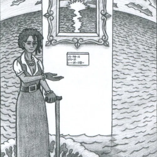 With the help of a walking cane, a woman adorned with jewelry and wearing a full-length black dress stands presenting what looks like a painting, which has an information placard as if in a museum. However, only enough of the wall to hold the frame is actually present. Through the frame, a sun sets on a dramatically curved ocean horizon and heavy clouds drift above. The sky and ocean stretch forward, beyond the bounds of the frame, reaching all the way around the fragment of wall and into the foreground. Water would submerge the woman's shoes if not for a mysterious force repelling the waves away from her. The woman wears black gloves and a slight smile.