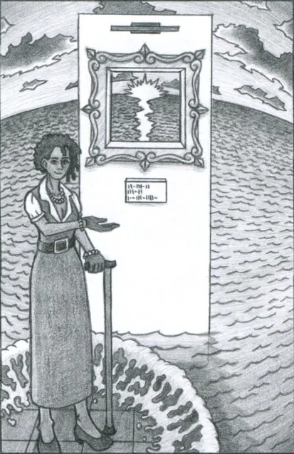 With the help of a walking cane, a woman adorned with jewelry and wearing a full-length black dress stands presenting what looks like a painting, which has an information placard as if in a museum. However, only enough of the wall to hold the frame is actually present. Through the frame, a sun sets on a dramatically curved ocean horizon and heavy clouds drift above. The sky and ocean stretch forward, beyond the bounds of the frame, reaching all the way around the fragment of wall and into the foreground. Water would submerge the woman's shoes if not for a mysterious force repelling the waves away from her. The woman wears black gloves and a slight smile.