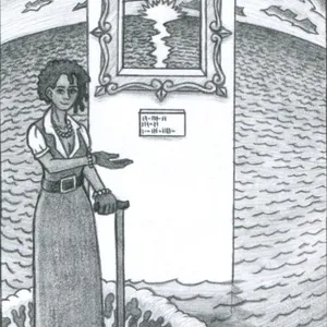 With the help of a walking cane, a woman adorned with jewelry and wearing a full-length black dress stands presenting what looks like a painting, which has an information placard as if in a museum. However, only enough of the wall to hold the frame is actually present. Through the frame, a sun sets on a dramatically curved ocean horizon and heavy clouds drift above. The sky and ocean stretch forward, beyond the bounds of the frame, reaching all the way around the fragment of wall and into the foreground. Water would submerge the woman's shoes if not for a mysterious force repelling the waves away from her. The woman wears black gloves and a slight smile.