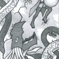 A crowned man absonds into the sky with a pearl half his height. He wears an infinity scarf, long coat, and thigh high boots. He appears mid-leap, but closer examination reveals that one foot stands upon the edge of a hole shattered into space itself. He looks back towards his pursuer: a long cuttlefish-like dragon that winds through the sky and holds multiple such pearls. The dragon is a moment from snapping its open beak-like maw on the man; however, the man grins. With his free hand, he's punched a crack into space that has traveled to the dragon's head, shattering the dragon from the surrounding space, and turning the dragon's outline into a splintered mess. For now, the dragon is frozen in place.