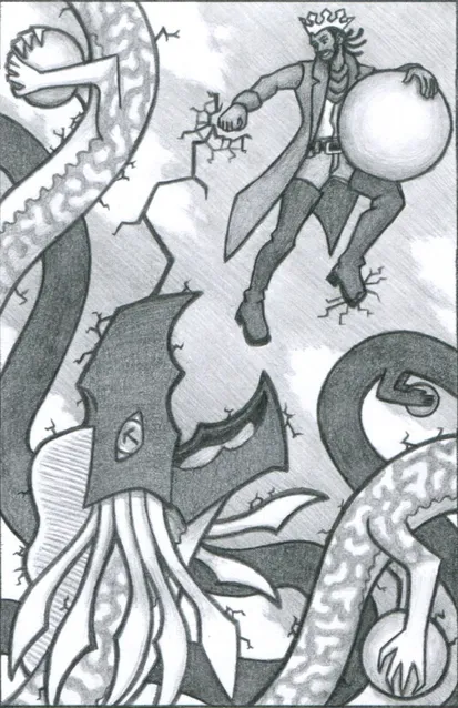 A crowned man absonds into the sky with a pearl half his height. He wears an infinity scarf, long coat, and thigh high boots. He appears mid-leap, but closer examination reveals that one foot stands upon the edge of a hole shattered into space itself. He looks back towards his pursuer: a long cuttlefish-like dragon that winds through the sky and holds multiple such pearls. The dragon is a moment from snapping its open beak-like maw on the man; however, the man grins. With his free hand, he's punched a crack into space that has traveled to the dragon's head, shattering the dragon from the surrounding space, and turning the dragon's outline into a splintered mess. For now, the dragon is frozen in place.