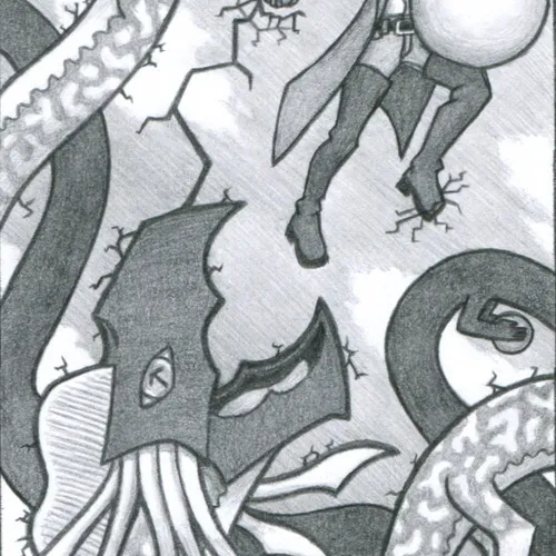 A crowned man absonds into the sky with a pearl half his height. He wears an infinity scarf, long coat, and thigh high boots. He appears mid-leap, but closer examination reveals that one foot stands upon the edge of a hole shattered into space itself. He looks back towards his pursuer: a long cuttlefish-like dragon that winds through the sky and holds multiple such pearls. The dragon is a moment from snapping its open beak-like maw on the man; however, the man grins. With his free hand, he's punched a crack into space that has traveled to the dragon's head, shattering the dragon from the surrounding space, and turning the dragon's outline into a splintered mess. For now, the dragon is frozen in place.