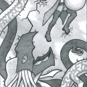 A crowned man absonds into the sky with a pearl half his height. He wears an infinity scarf, long coat, and thigh high boots. He appears mid-leap, but closer examination reveals that one foot stands upon the edge of a hole shattered into space itself. He looks back towards his pursuer: a long cuttlefish-like dragon that winds through the sky and holds multiple such pearls. The dragon is a moment from snapping its open beak-like maw on the man; however, the man grins. With his free hand, he's punched a crack into space that has traveled to the dragon's head, shattering the dragon from the surrounding space, and turning the dragon's outline into a splintered mess. For now, the dragon is frozen in place.