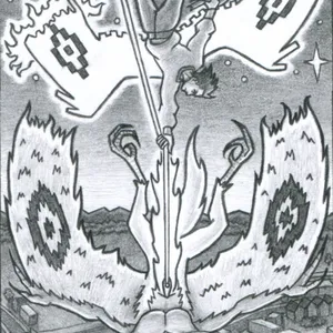 A man falls from the night sky towards a city below, dragged by an unconscious winged demon. The man wears a large sweater, stylish black pants, and boots. The demon resembles a velociraptor, but with large, white, bird-like wings, each of which has a black pattern resembling an eye. The man is tethered to the demon by a glowing thread which he determinedly holds in one hand. This thread may hasten his fall, but it also provides his only hope to survive: from a needle embedded in the demon's abdomen, the thread grows longer and longer, ultimately weaving itself into the man's own glowing pair of wings. These new wings have the same eye-like pattern as the demon's. In his other hand, he holds a broken bag, from which a ball of thread has fallen out.