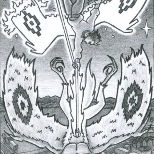 A man falls from the night sky towards a city below, dragged by an unconscious winged demon. The man wears a large sweater, stylish black pants, and boots. The demon resembles a velociraptor, but with large, white, bird-like wings, each of which has a black pattern resembling an eye. The man is tethered to the demon by a glowing thread which he determinedly holds in one hand. This thread may hasten his fall, but it also provides his only hope to survive: from a needle embedded in the demon's abdomen, the thread grows longer and longer, ultimately weaving itself into the man's own glowing pair of wings. These new wings have the same eye-like pattern as the demon's. In his other hand, he holds a broken bag, from which a ball of thread has fallen out.