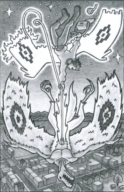 A man falls from the night sky towards a city below, dragged by an unconscious winged demon. The man wears a large sweater, stylish black pants, and boots. The demon resembles a velociraptor, but with large, white, bird-like wings, each of which has a black pattern resembling an eye. The man is tethered to the demon by a glowing thread which he determinedly holds in one hand. This thread may hasten his fall, but it also provides his only hope to survive: from a needle embedded in the demon's abdomen, the thread grows longer and longer, ultimately weaving itself into the man's own glowing pair of wings. These new wings have the same eye-like pattern as the demon's. In his other hand, he holds a broken bag, from which a ball of thread has fallen out.