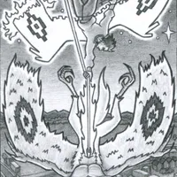 A man falls from the night sky towards a city below, dragged by an unconscious winged demon. The man wears a large sweater, stylish black pants, and boots. The demon resembles a velociraptor, but with large, white, bird-like wings, each of which has a black pattern resembling an eye. The man is tethered to the demon by a glowing thread which he determinedly holds in one hand. This thread may hasten his fall, but it also provides his only hope to survive: from a needle embedded in the demon's abdomen, the thread grows longer and longer, ultimately weaving itself into the man's own glowing pair of wings. These new wings have the same eye-like pattern as the demon's. In his other hand, he holds a broken bag, from which a ball of thread has fallen out.