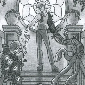 A well-dressed person stands at the upper landing of a stone staircase, silhouetted before a circular stained glass window depicting the flower of the tulip poplar tree. We look up at them from the base of a staircase, with sculptures of flower-filled vases on either side of the landing in which they pose. They wear a flower-like cravat and have medium-length blonde hair. In their outstretched right hand, they offer a glowing white berry to a man who struggles to climb the stairs towards them -- the man is infected with a strange mistletoe-like bush that covers most of his body and grows more of those same berries. A different victim lies facedown on the stairs, fully taken over by the same infection. The well-dressed person's left arm is a mass of leaves and vines that extend towards the fallen victim, transforming at their end into black snakes with glowing white eyes. From the bush growing on the victim's corpse, the snakes pluck more white berries.