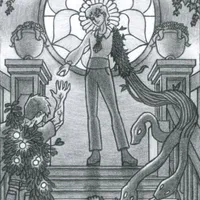 A well-dressed person stands at the upper landing of a stone staircase, silhouetted before a circular stained glass window depicting the flower of the tulip poplar tree. We look up at them from the base of a staircase, with sculptures of flower-filled vases on either side of the landing in which they pose. They wear a flower-like cravat and have medium-length blonde hair. In their outstretched right hand, they offer a glowing white berry to a man who struggles to climb the stairs towards them -- the man is infected with a strange mistletoe-like bush that covers most of his body and grows more of those same berries. A different victim lies facedown on the stairs, fully taken over by the same infection. The well-dressed person's left arm is a mass of leaves and vines that extend towards the fallen victim, transforming at their end into black snakes with glowing white eyes. From the bush growing on the victim's corpse, the snakes pluck more white berries.