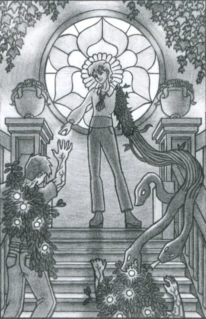A well-dressed person stands at the upper landing of a stone staircase, silhouetted before a circular stained glass window depicting the flower of the tulip poplar tree. We look up at them from the base of a staircase, with sculptures of flower-filled vases on either side of the landing in which they pose. They wear a flower-like cravat and have medium-length blonde hair. In their outstretched right hand, they offer a glowing white berry to a man who struggles to climb the stairs towards them -- the man is infected with a strange mistletoe-like bush that covers most of his body and grows more of those same berries. A different victim lies facedown on the stairs, fully taken over by the same infection. The well-dressed person's left arm is a mass of leaves and vines that extend towards the fallen victim, transforming at their end into black snakes with glowing white eyes. From the bush growing on the victim's corpse, the snakes pluck more white berries.
