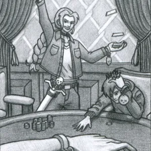 A woman confidently shuffles a deck of cards from one hand to the other over her head. Her long blonde hair forms a thick braid down her back, while wispy bangs frame either side of her cocky smile. She wears a black choker, a jean jacket over a white tee, jeans, and on her hip a white sword in a white sheath. The sword's pommel resembles a skull, and its cross-guard resembles a stylized pair of collar bones. The curtain on the wall behind her has been pulled open to reveal a chain-link fence patterned wallpaper. She stands at a poker table before a sizable pile of chips. Another player at the table -- a stressed man in a hoodie -- stares at his one remaining chip. Each player has a shackle on their left wrist, from which dangles a circular medal. We only see the back of the other players' medals, each of which depicts a skull. You're a player too. You look down at our own arm, shackle, and medal. In all caps, the medal reads 'PLAY'.