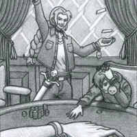 A woman confidently shuffles a deck of cards from one hand to the other over her head. Her long blonde hair forms a thick braid down her back, while wispy bangs frame either side of her cocky smile. She wears a black choker, a jean jacket over a white tee, jeans, and on her hip a white sword in a white sheath. The sword's pommel resembles a skull, and its cross-guard resembles a stylized pair of collar bones. The curtain on the wall behind her has been pulled open to reveal a chain-link fence patterned wallpaper. She stands at a poker table before a sizable pile of chips. Another player at the table -- a stressed man in a hoodie -- stares at his one remaining chip. Each player has a shackle on their left wrist, from which dangles a circular medal. We only see the back of the other players' medals, each of which depicts a skull. You're a player too. You look down at our own arm, shackle, and medal. In all caps, the medal reads 'PLAY'.