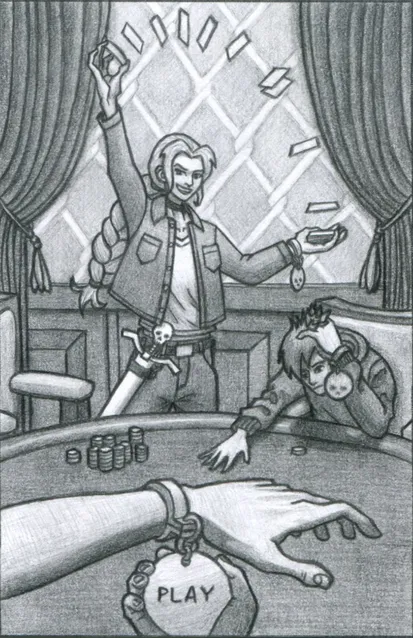 A woman confidently shuffles a deck of cards from one hand to the other over her head. Her long blonde hair forms a thick braid down her back, while wispy bangs frame either side of her cocky smile. She wears a black choker, a jean jacket over a white tee, jeans, and on her hip a white sword in a white sheath. The sword's pommel resembles a skull, and its cross-guard resembles a stylized pair of collar bones. The curtain on the wall behind her has been pulled open to reveal a chain-link fence patterned wallpaper. She stands at a poker table before a sizable pile of chips. Another player at the table -- a stressed man in a hoodie -- stares at his one remaining chip. Each player has a shackle on their left wrist, from which dangles a circular medal. We only see the back of the other players' medals, each of which depicts a skull. You're a player too. You look down at our own arm, shackle, and medal. In all caps, the medal reads 'PLAY'. A woman confidently shuffles a deck of cards from one hand to the other over her head. Her long blonde hair forms a thick braid down her back, while wispy bangs frame either side of her cocky smile. She wears a black choker, a jean jacket over a white tee, jeans, and on her hip a white sword in a white sheath. The sword's pommel resembles a skull, and its cross-guard resembles a stylized pair of collar bones. The curtain on the wall behind her has been pulled open to reveal a chain-link fence patterned wallpaper. She stands at a poker table before a sizable pile of chips. Another player at the table -- a stressed man in a hoodie -- stares at his one remaining chip. Each player has a shackle on their left wrist, from which dangles a circular medal. We only see the back of the other players' medals, each of which depicts a skull. You're a player too. You look down at our own arm, shackle, and medal. In all caps, the medal reads 'PLAY'.